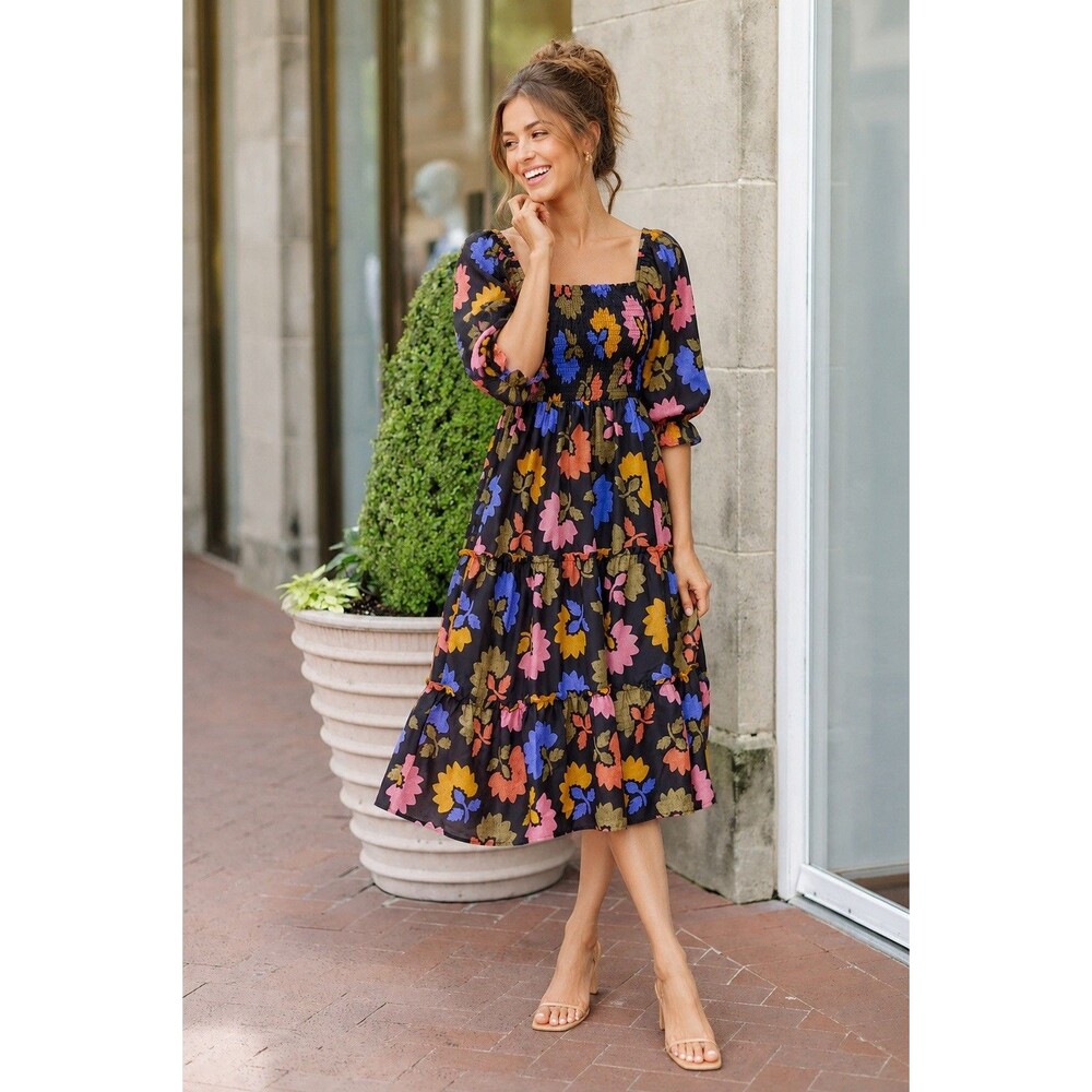 J Marie Floral Smocked Midi Dress Women’s Large Romantic Prairie Cottagecore